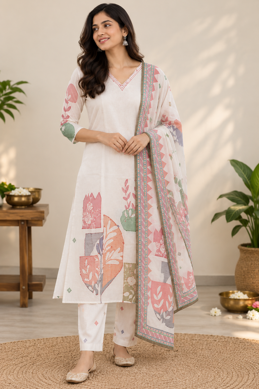 Half White Lenin Dupatta Set For Women