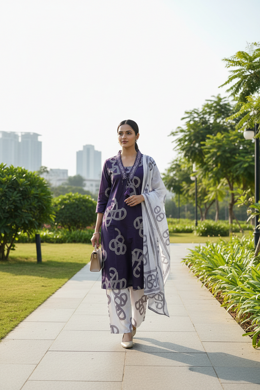 Deep Purple Cotton Kurti Set for Women with Dupatta