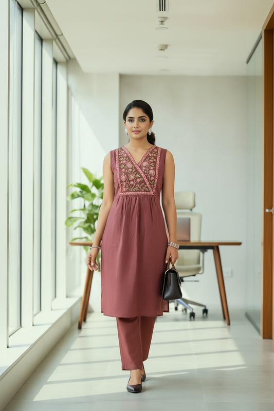 Dusty Rose Embroidered Yoke Kurti Set for Women with Detachable Sleeves & Pant