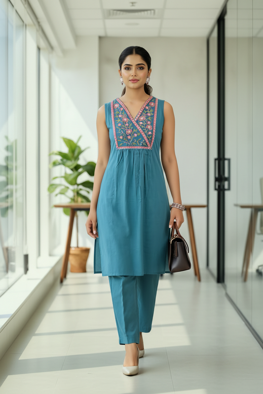 Teal Embroidered Yoke Kurti Set for Women with Detachable Sleeves & Pant