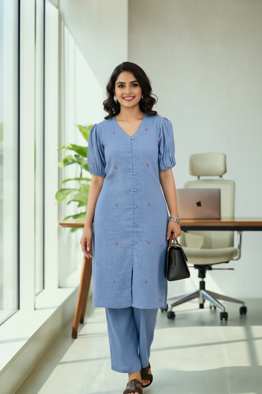 Steel Blue Puff Sleeve Kurti Set with Embroidered Buttis & Palazzo Pants