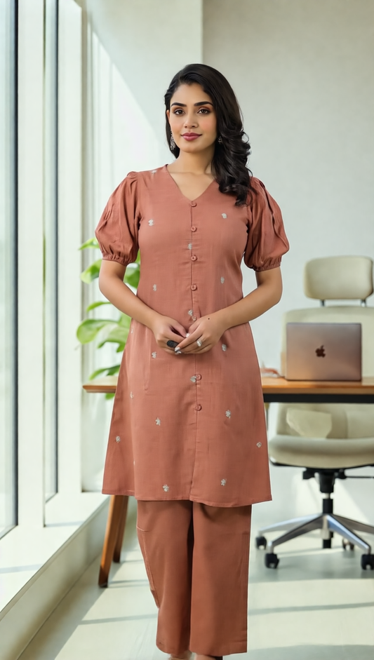 Terracotta Puff Sleeve Kurti Set with Embroidered Buttis & Palazzo Pants