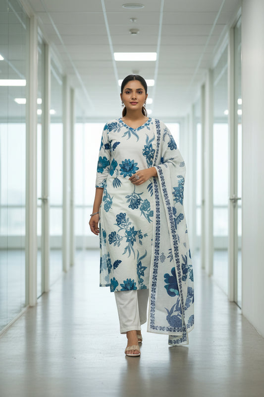 White Cotton Kurti Set for Women with Printed Dupatta – Elegant Daily Wear