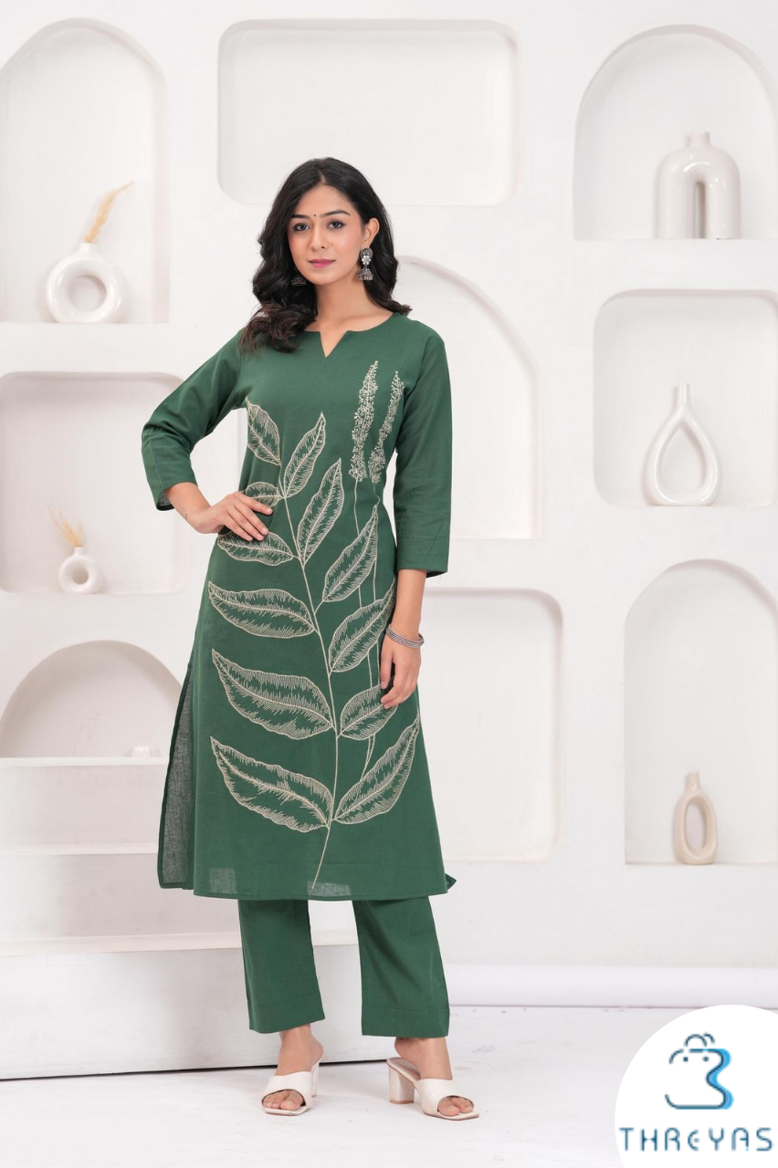 Green Cotton Kurti Set with Thread Embroidery for Women