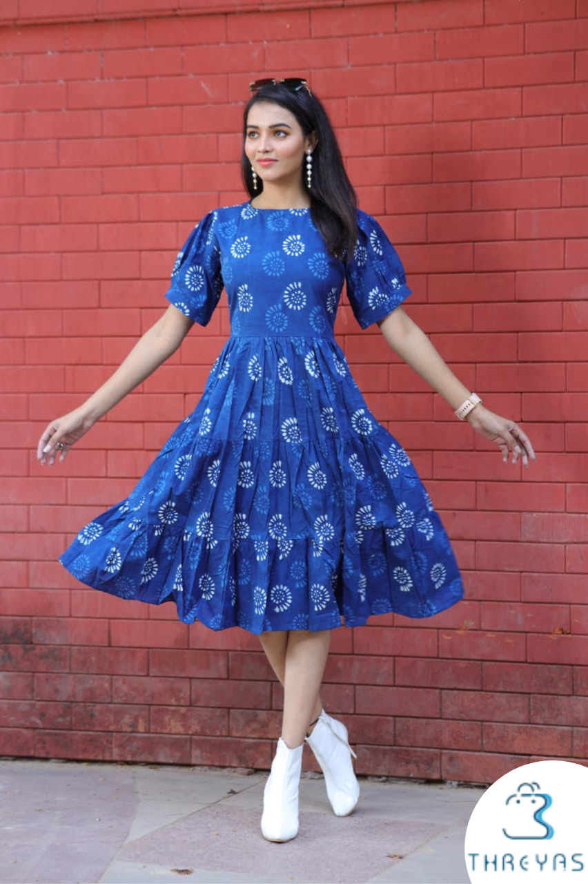 Blue Bagru Handblock Printed Cotton Dress for Women