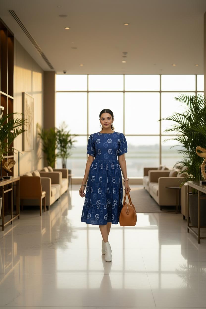 Blue Bagru Handblock Printed Cotton Dress for Women