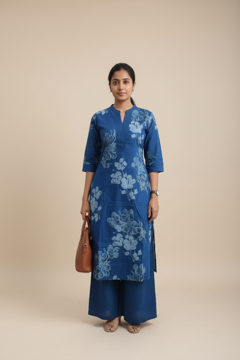 Deep Blue Floral Printed Straight Cotton Kurti Set for Women
