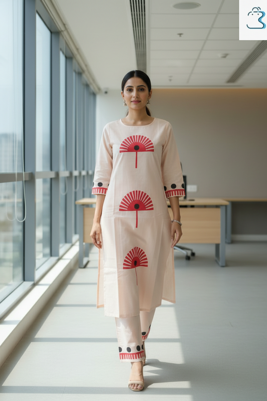 Peach Geometric Printed Straight Kurti Set for Women