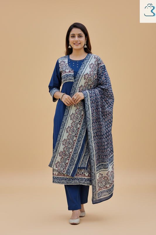 Dark Blue Embroidered Anarkali Kurti Set for Women
