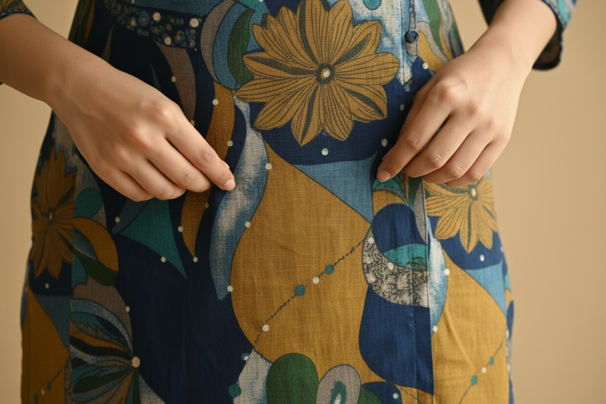 Navy Blue Straight Cotton Kurti Set for Women
