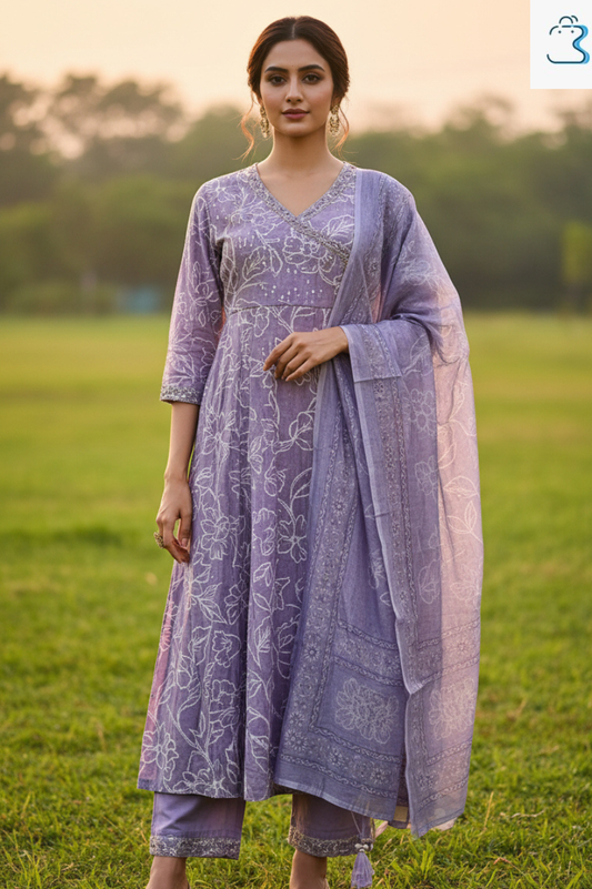Light Purple Printed Anarkali Kurta Set with Dupatta for Women