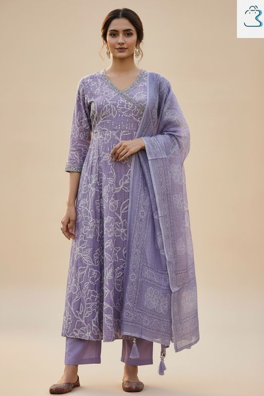 Light Purple Printed Anarkali Kurta Set with Dupatta for Women