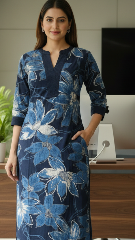 Navy Blue with white Floral printed Cotton Kurti Set for Women