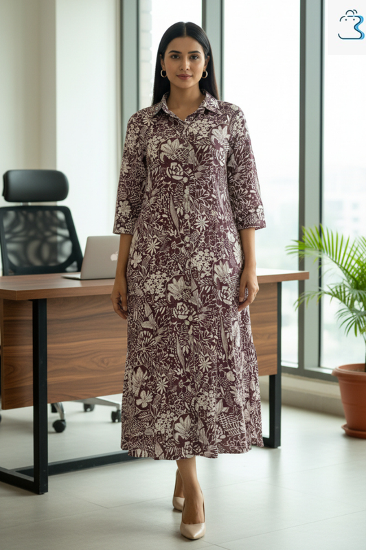 Maroon & White Floral Printed Button-Down Dress for Women