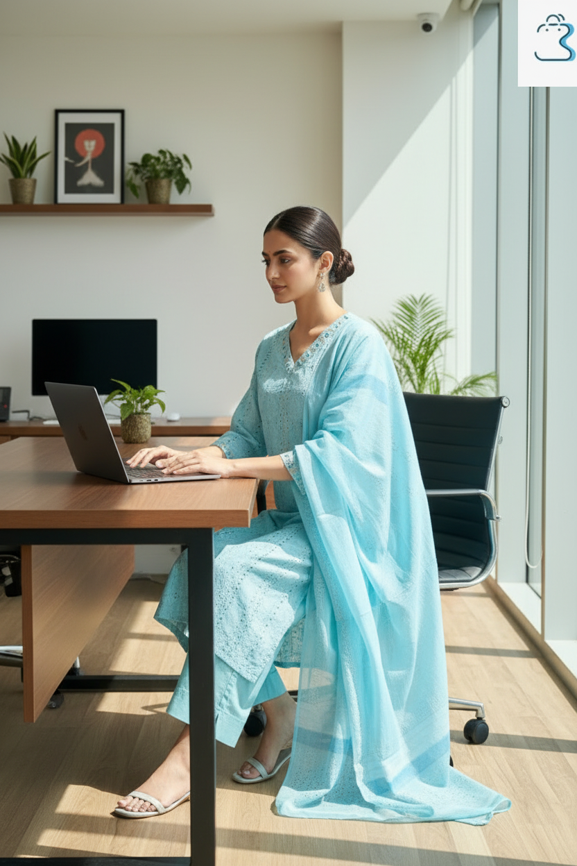 Sky blue Block Printed Salwar Kameez Set with Dupatta for Women