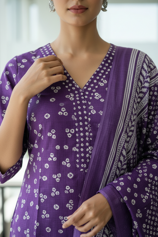 Puple Block Printed Salwar Kameez Kurta Set with Dupatta for Women