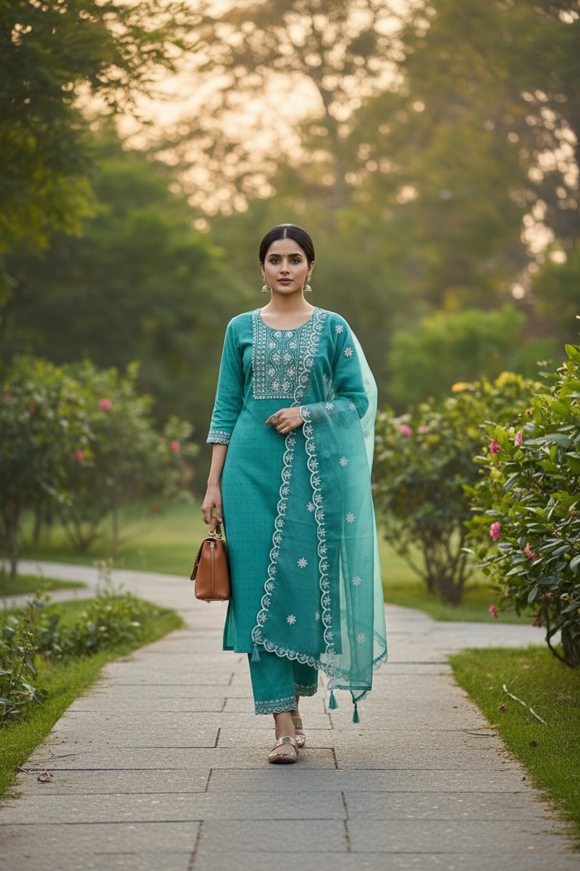Aqua Green Embroidered Cotton Kurta Set with dupatta for Women
