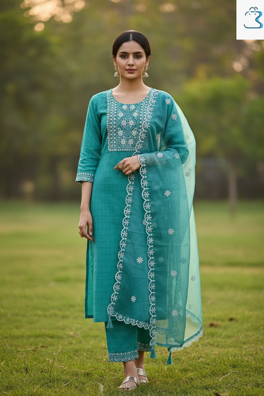 Aqua Green Embroidered Cotton Kurta Set with dupatta for Women