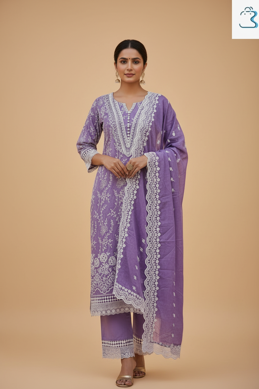 Lavender Embroidered Cotton Kurta Set with Dupatta for Women