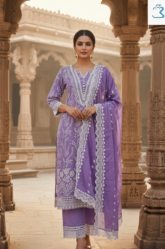 Lavender Embroidered Cotton Kurta Set with Dupatta for Women