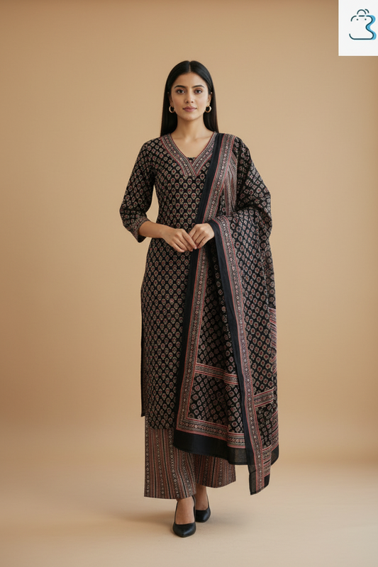 Black Block Printed Cotton Salwar Kameez Set with Dupatta