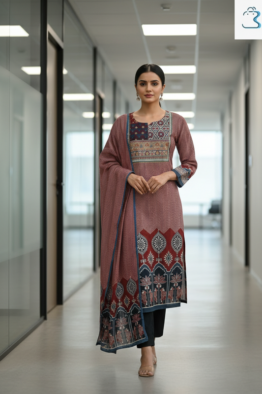 Rust Brown Cotton Kurta Set with Dupatta for Women