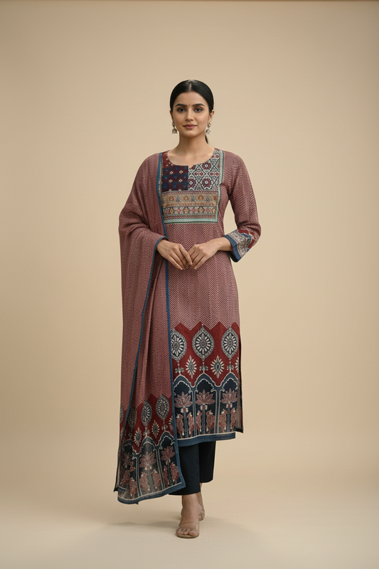 Rust Brown Cotton Kurta Set with Dupatta