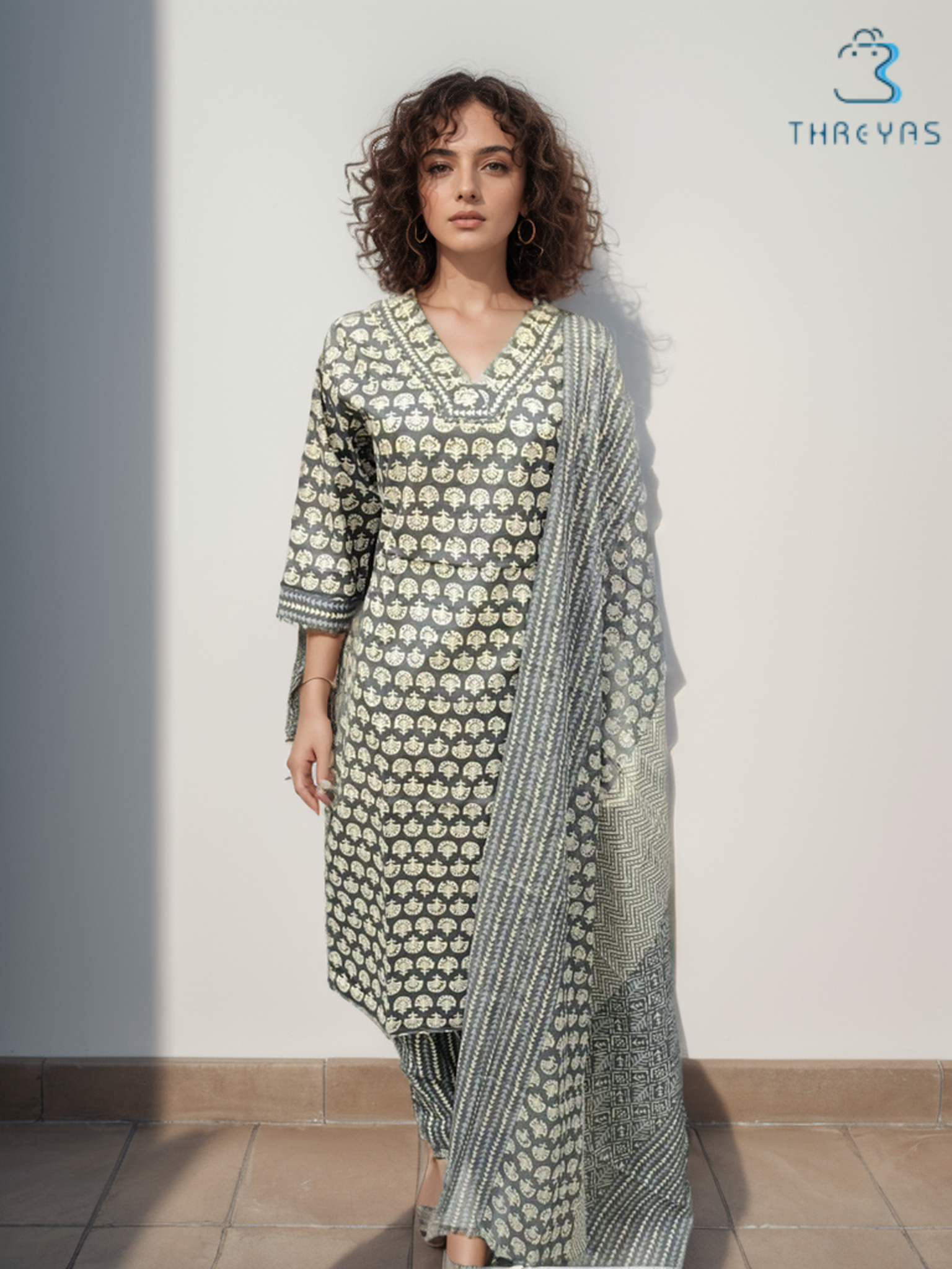 Grey Cotton Kurti Set for Women with Cotton Dupatta