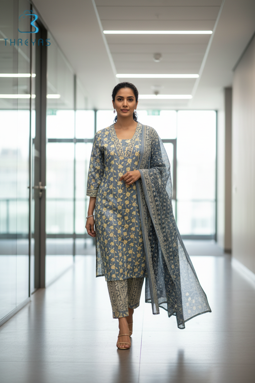 Light Blue Cotton Kurti Set for Women with Cotton Dupatta
