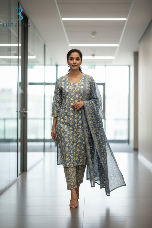 Light Blue Cotton Kurti Set for Women with Cotton Dupatta