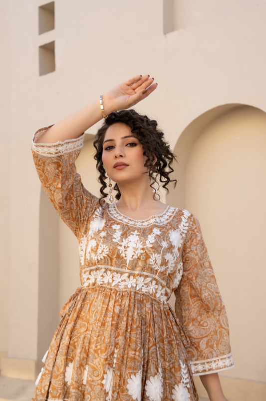 Orange Cotton flared Dress with Thread work