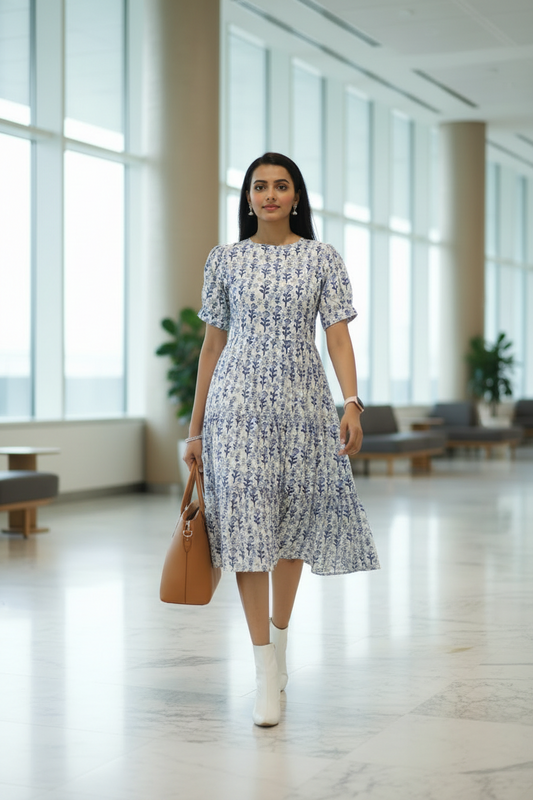 White Bagru Handblock Printed Cotton Dress