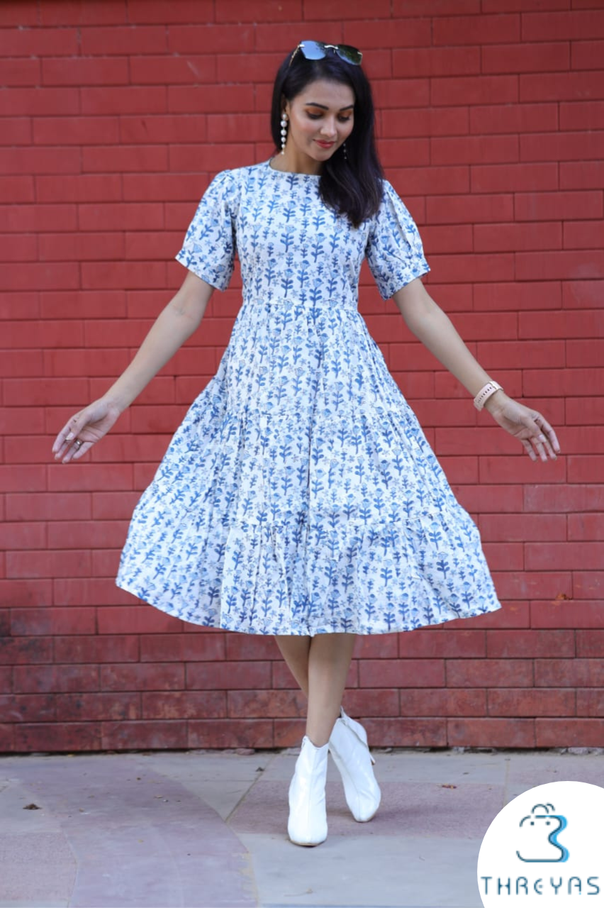 White Bagru Handblock Printed Cotton Dress for Women