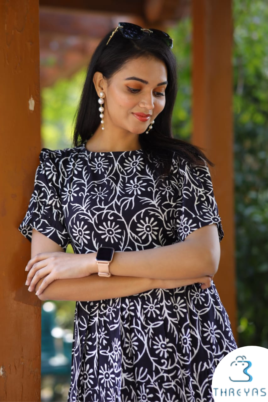 Black Bagru Handblock Printed Cotton Dress for Women