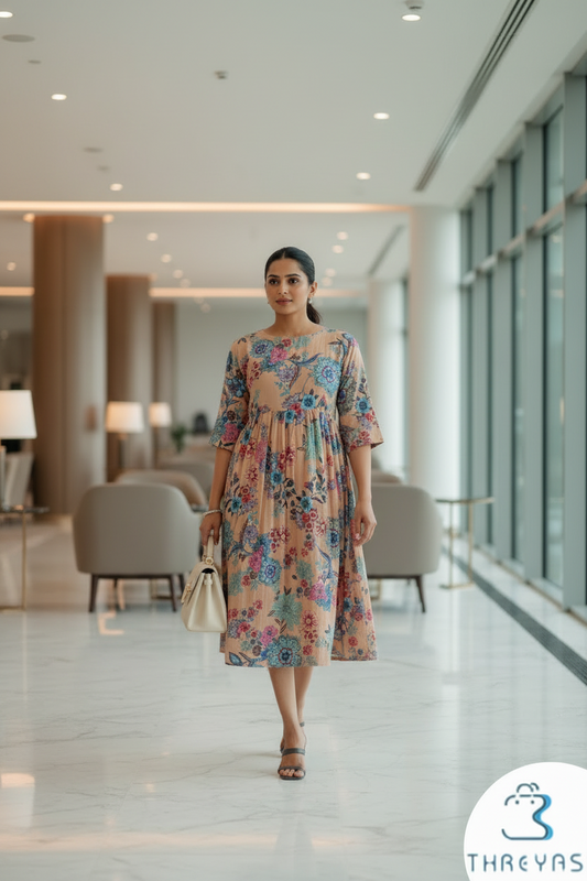 Light Beige Floral HandBlock Printed Cotton Dress