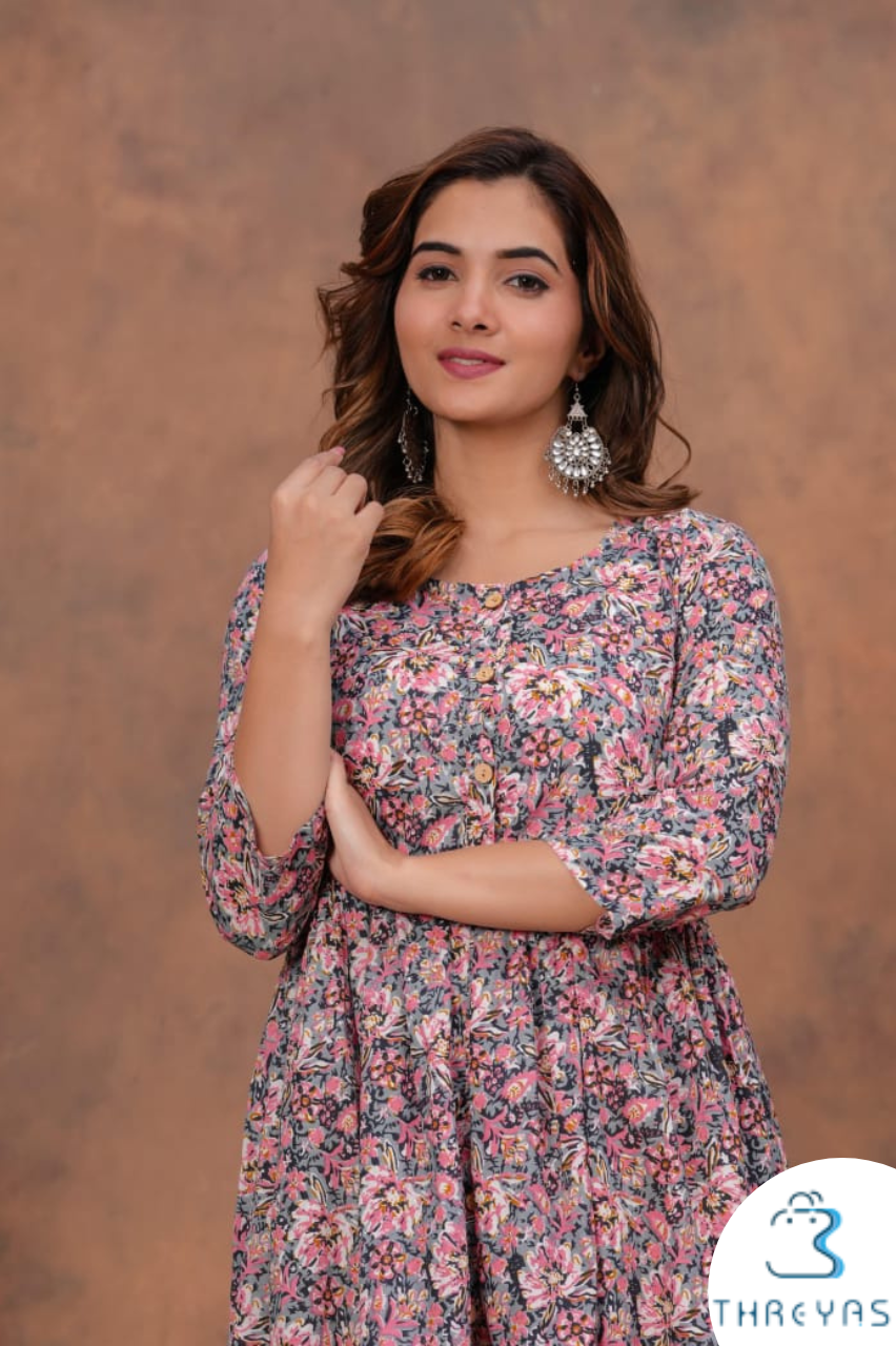 Light Beige Floral Handblock Printed Cotton Dress for Women