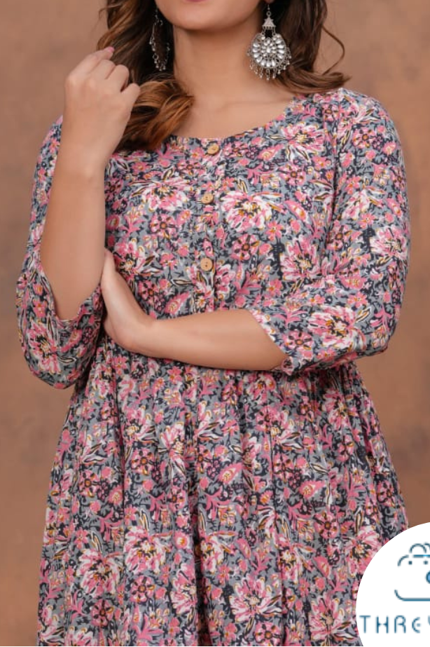Light Beige Floral Handblock Printed Cotton Dress for Women