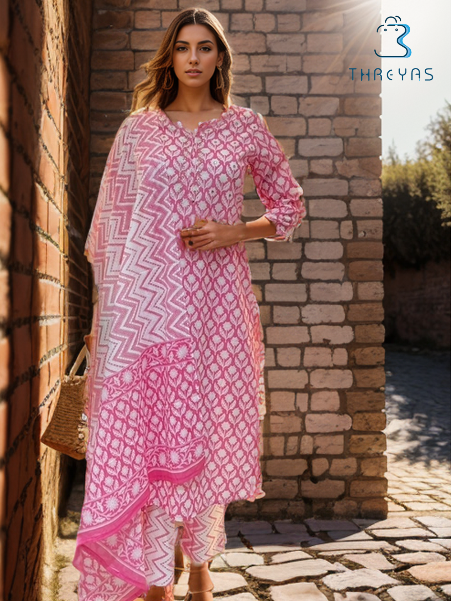 White and Pink Cotton Kurti Set for Women with Dupatta