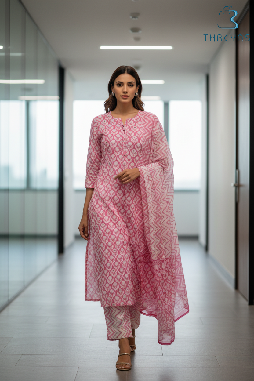 White and Pink Cotton Kurti Set for Women with Dupatta
