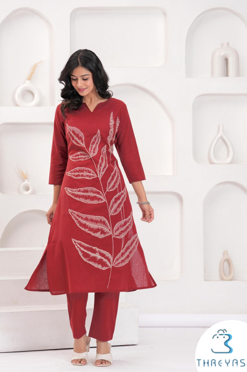 Maroon Cotton Kurti Set with Thread Embroidery for Women
