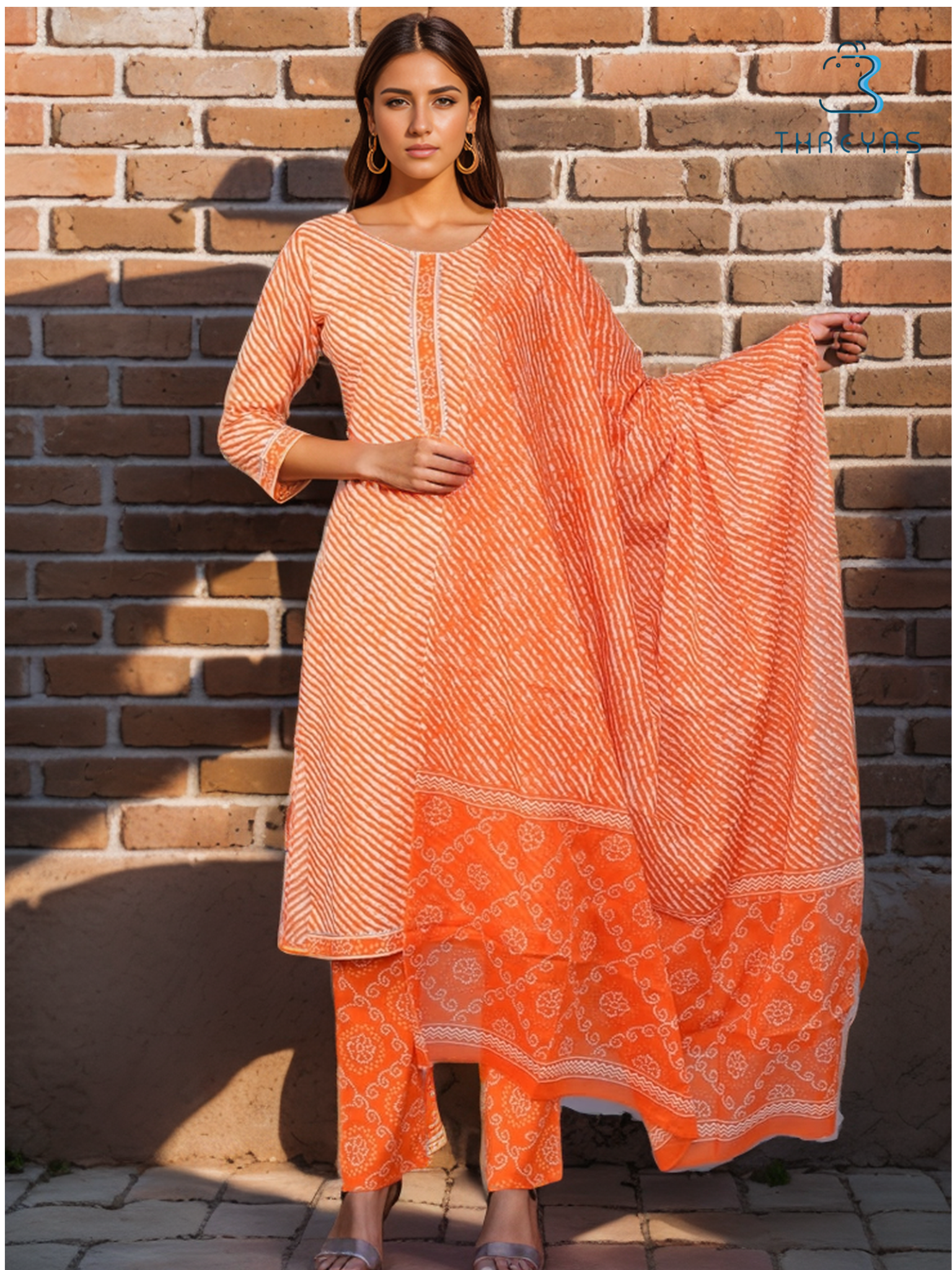 Orange Cotton Kurti Set for Women with Dupatta