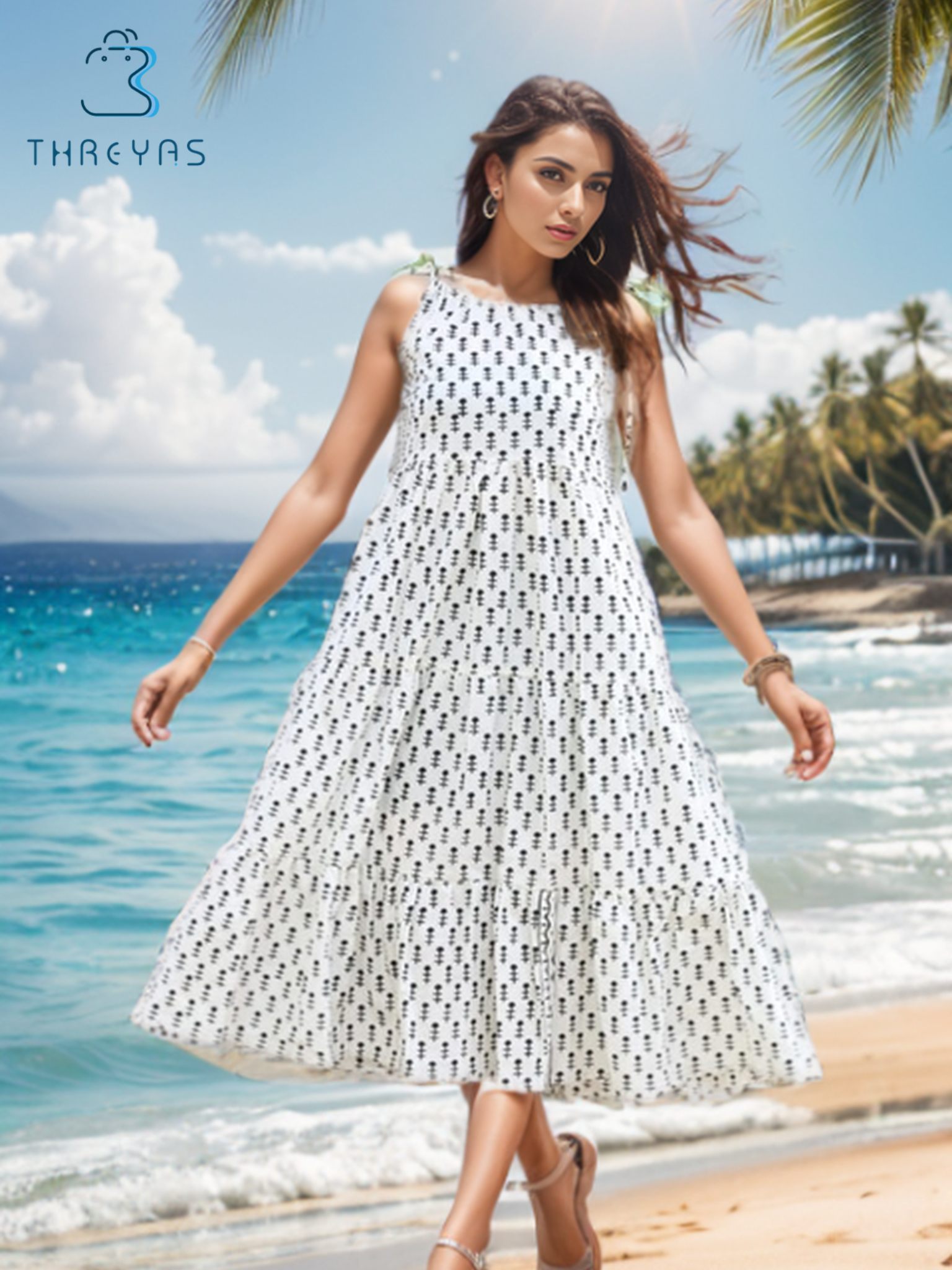 White & Black Cotton Printed Kurti Set with Shoulder Tie-Ups for Women