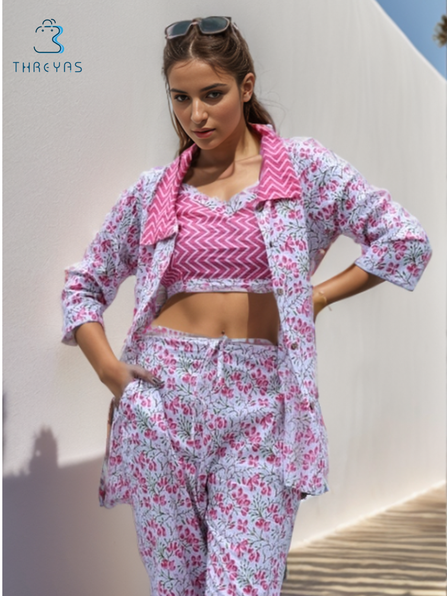 Light Pink Hand Block Printed Cotton Co-Ord Set for Women