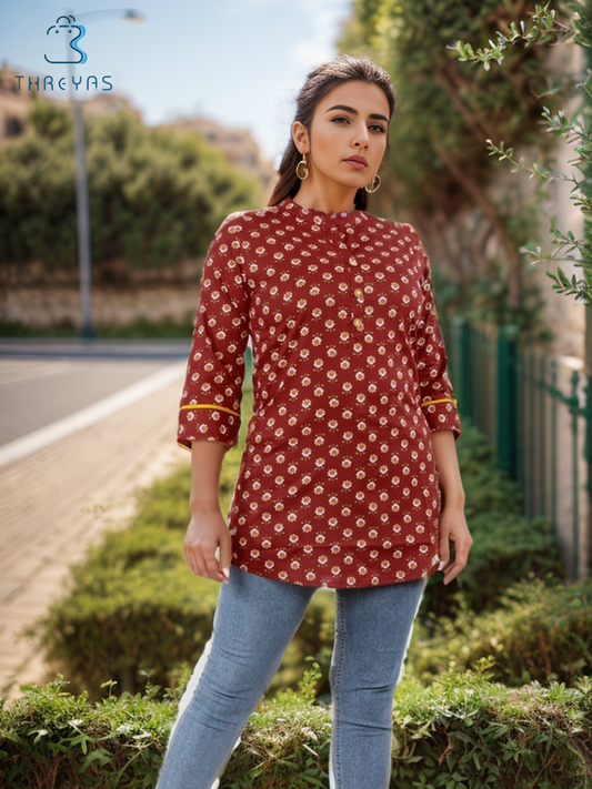 Brown Cotton Silk Short Kurti for women