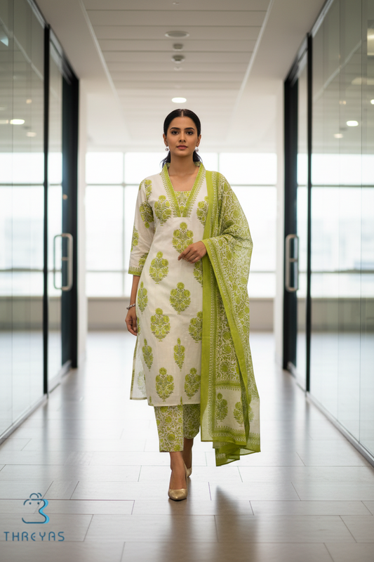 Green Cotton Kurti Set for Women with Cotton Dupatta