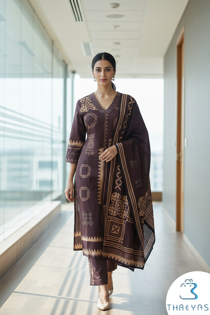 Maroon Cotton Kurti Set for Women with Printed Dupatta