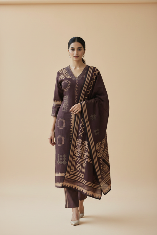 Maroon Cotton Kurti Set for Women with Printed Dupatta