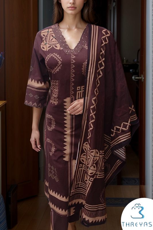 Maroon Color Cotton Kurtis Set for women with Printed Dupatta