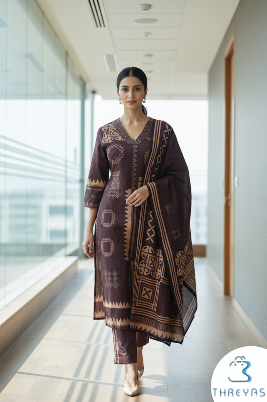 Maroon Cotton Kurti Set for Women with Printed Dupatta