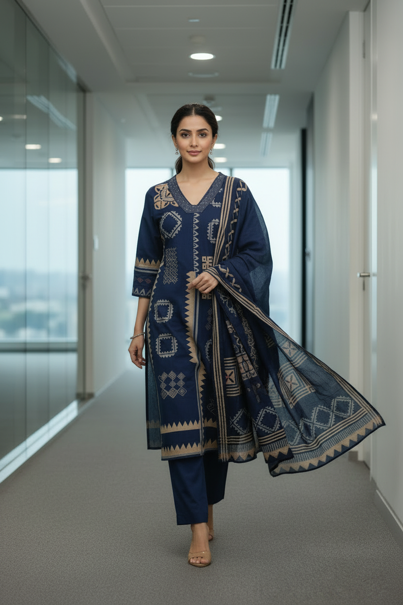 Blue Cotton Kurti Set for Women with Printed Dupatta